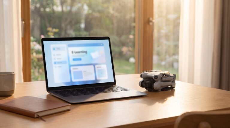 Notebook aberto com curso online e um drone dobrado ao lado, sobre a mesa