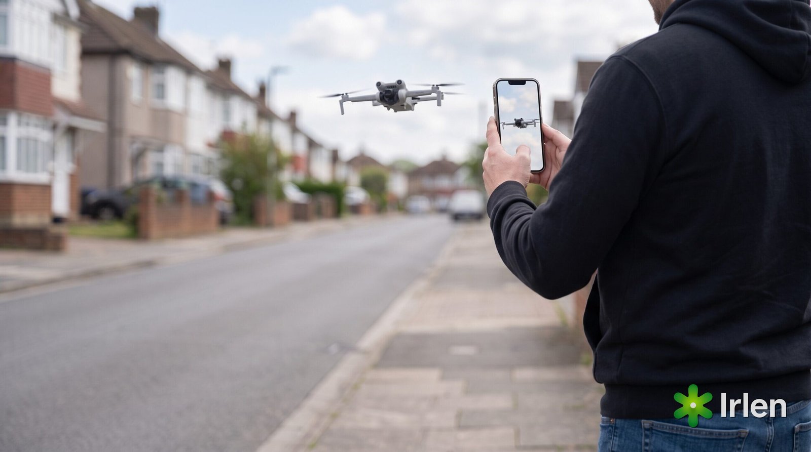 Pessoa filma com o celular um drone pairando sobre a rua