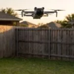 Drone pequeno paira acima da cerca de um quintal ao entardecer