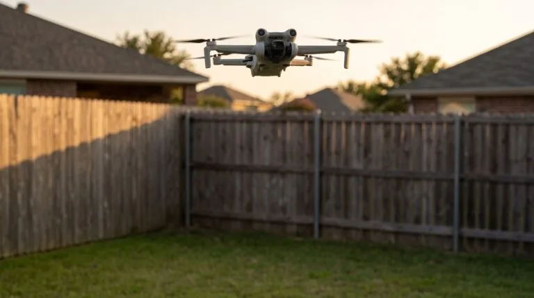 Drone pequeno paira acima da cerca de um quintal ao entardecer