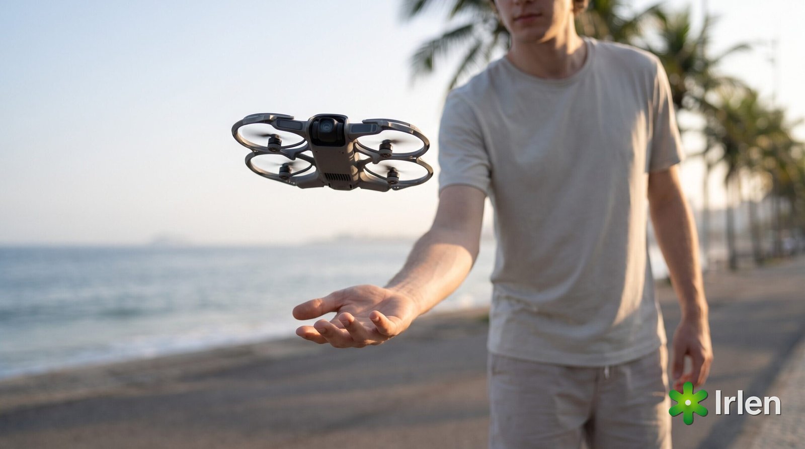 Pessoa lançando um drone compacto da linha DJI Neo da palma da mão numa orla, de manhã cedo