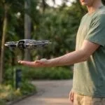 Drone compacto da linha DJI Neo pairando sobre a palma da mão em um parque ao entardecer