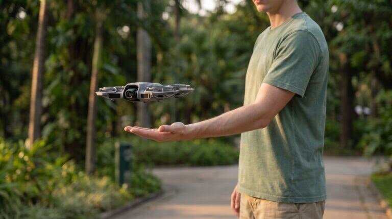 Drone compacto da linha DJI Neo pairando sobre a palma da mão em um parque ao entardecer