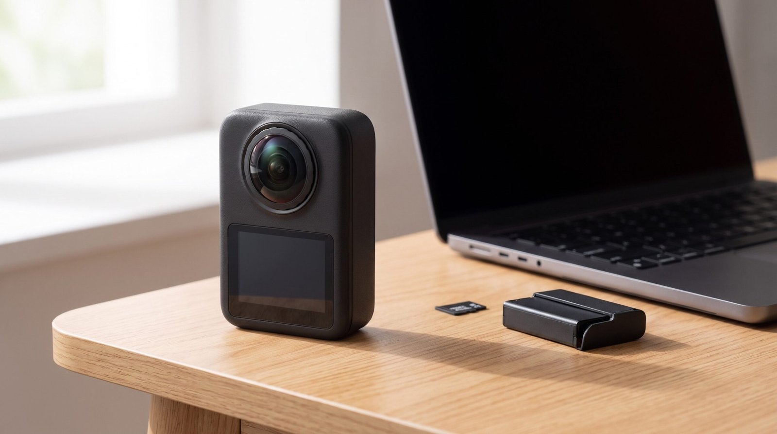 Câmera 360 sobre a mesa ao lado de um notebook desligado, um cartão microSD e uma bateria