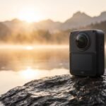Câmera 360 preta em pé sobre uma pedra à beira de um lago ao nascer do sol