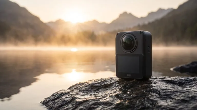 Câmera 360 preta em pé sobre uma pedra à beira de um lago ao nascer do sol