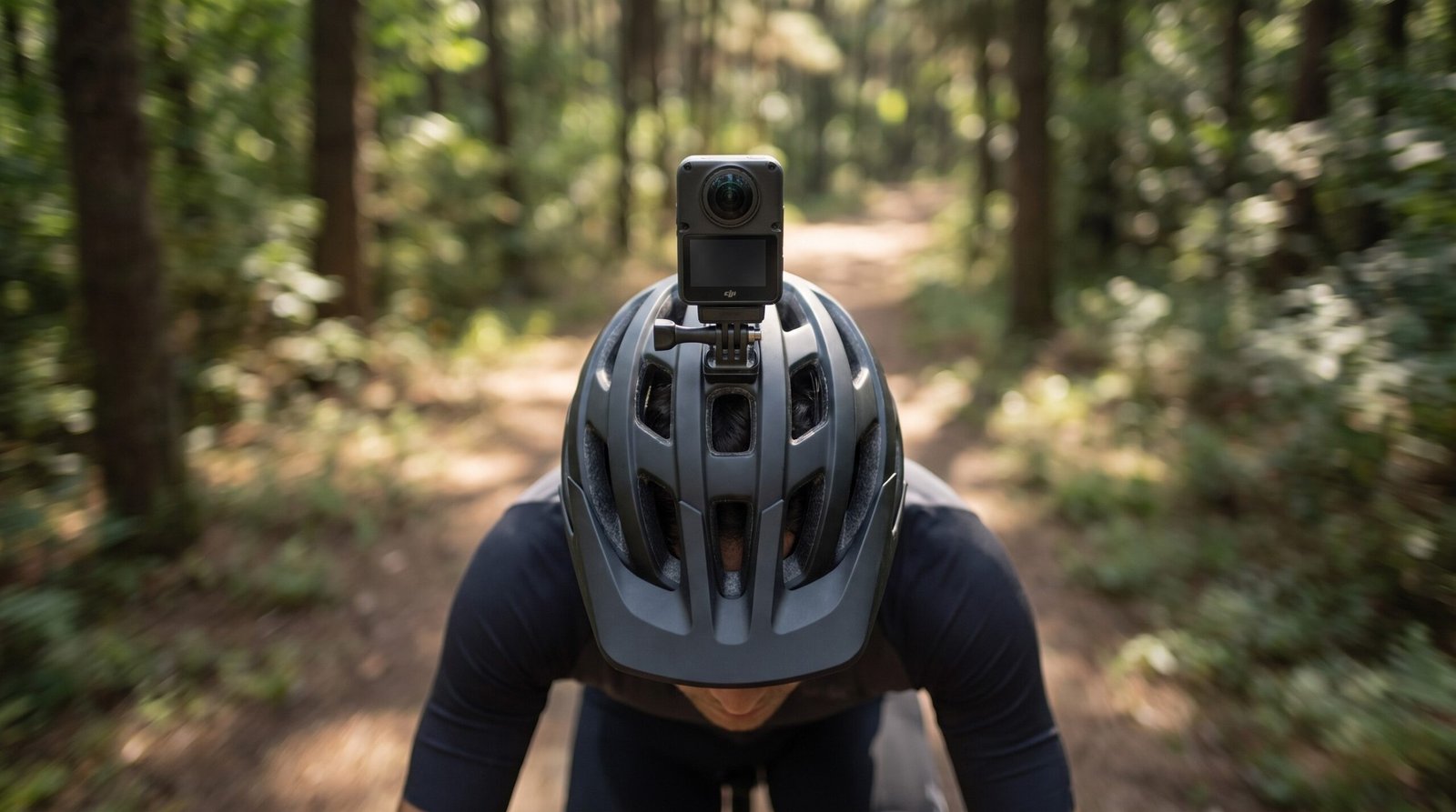 Câmera 360 montada no capacete de um ciclista visto de costas numa trilha