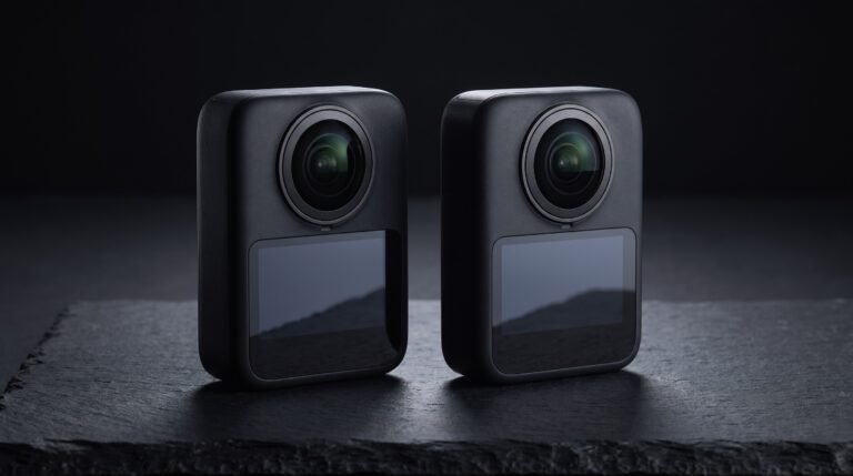 Duas câmeras 360 pretas idênticas lado a lado sobre uma superfície escura