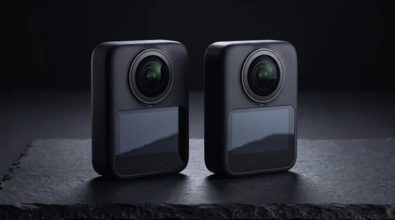 Duas câmeras 360 pretas idênticas lado a lado sobre uma superfície escura