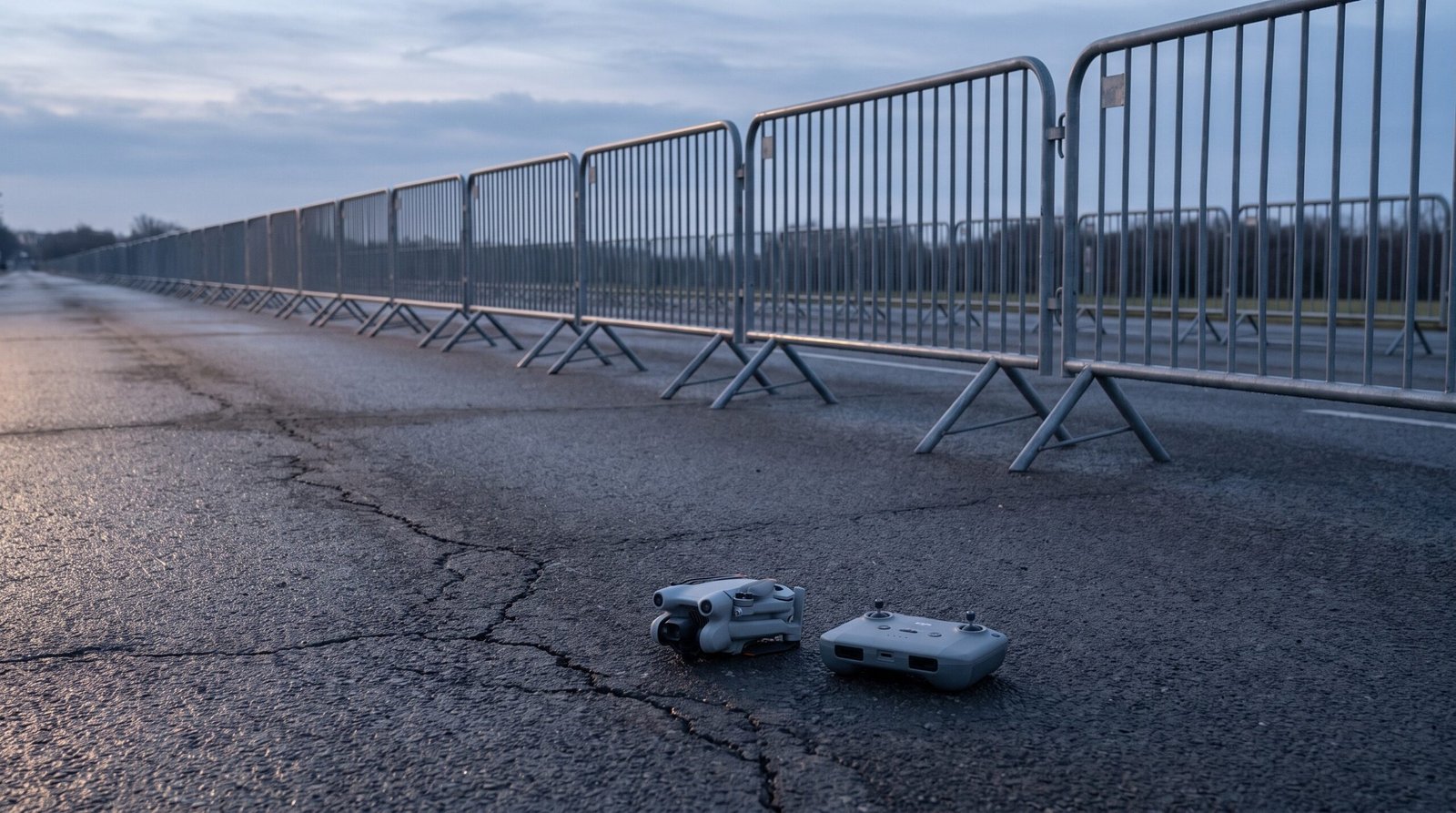 Grades de contenção ao longo de uma avenida vazia com um drone dobrado no asfalto