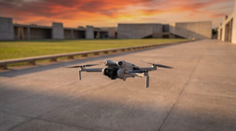 Drone cinza pequeno pairando sobre uma esplanada vazia ao entardecer