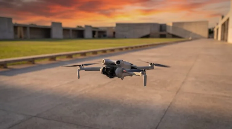 Drone cinza pequeno pairando sobre uma esplanada vazia ao entardecer