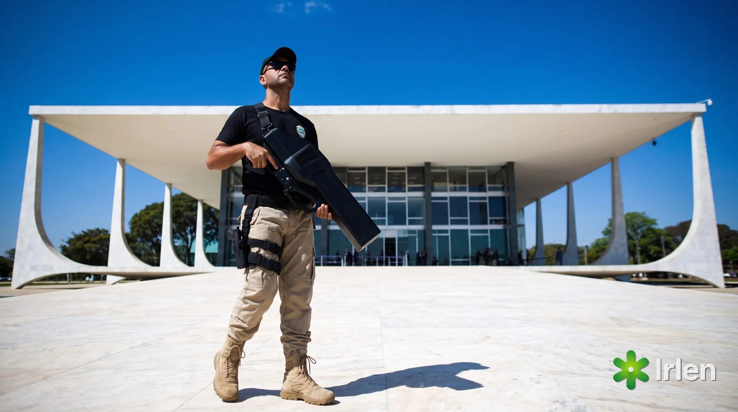 Agente com o bloqueador antidrone DroneGun em frente ao prédio do STF