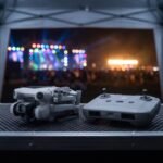 Drone dobrado e controle sobre uma mesa em uma tenda de segurança, com luzes de palco ao fundo