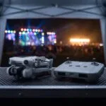 Drone dobrado e controle sobre uma mesa em uma tenda de segurança, com luzes de palco ao fundo