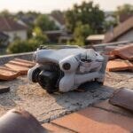 Drone caído sobre telhado residencial com telhas quebradas ao lado
