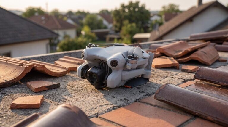 Drone caído sobre telhado residencial com telhas quebradas ao lado