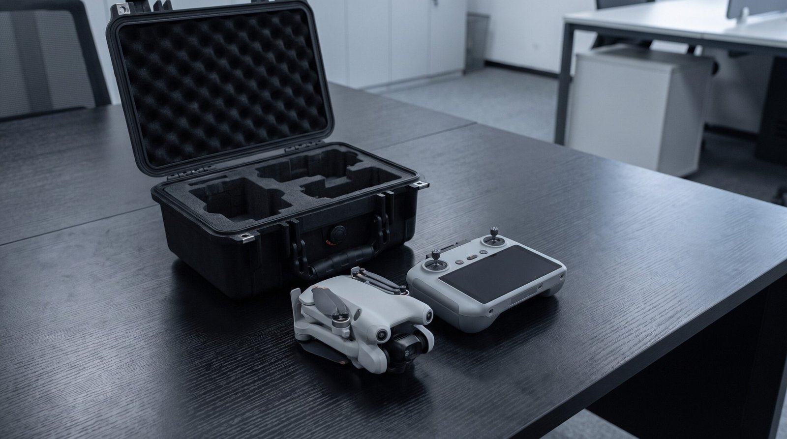 Drone dobrado, controle e maleta preta sobre uma mesa escura