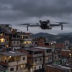 Drone cinza pairando ao entardecer sobre um bairro denso em encosta
