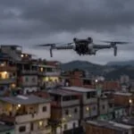 Drone cinza pairando ao entardecer sobre um bairro denso em encosta