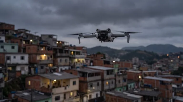 Drone cinza pairando ao entardecer sobre um bairro denso em encosta