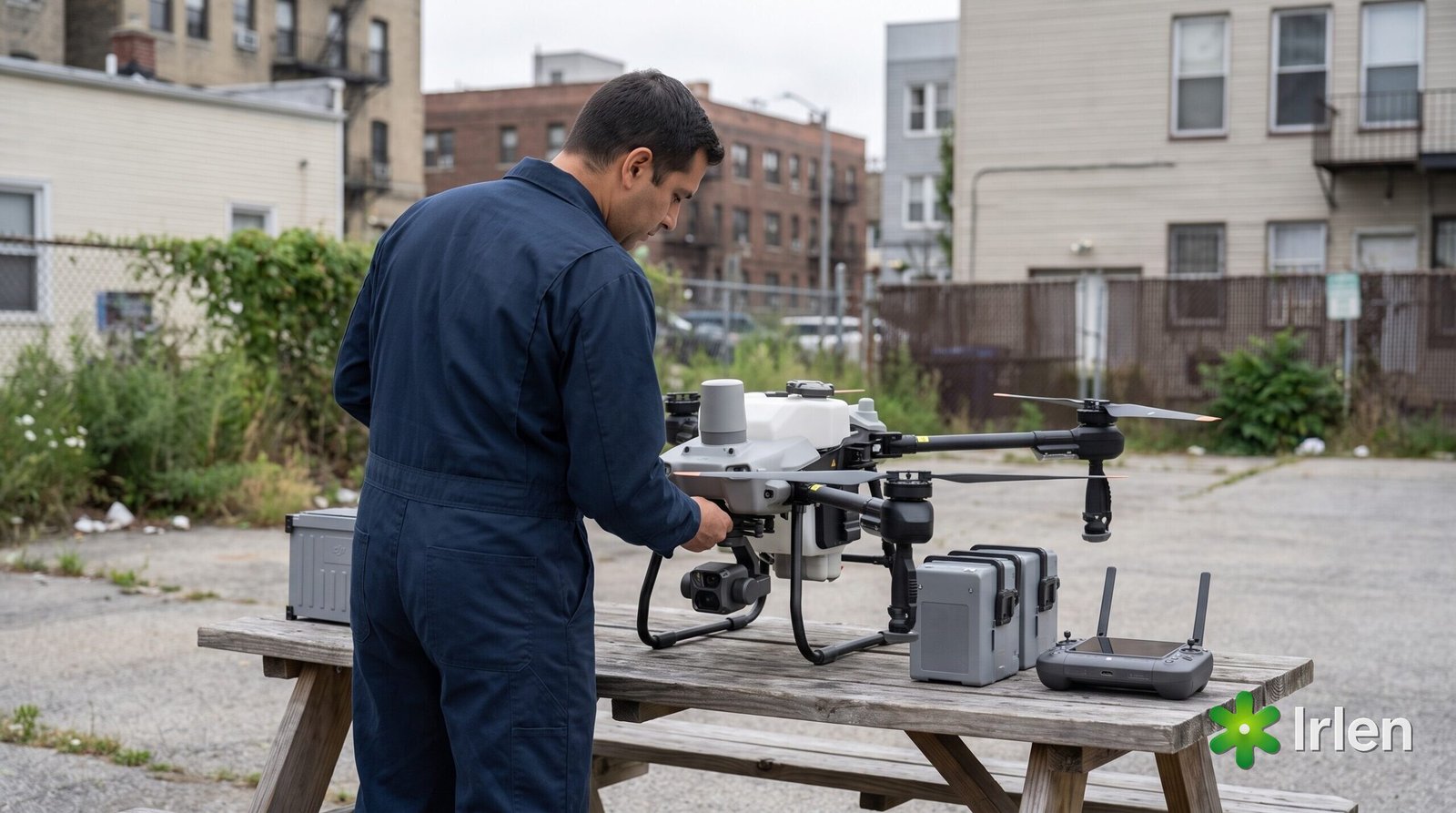 Agente municipal verificando drone de aplicação em terreno urbano