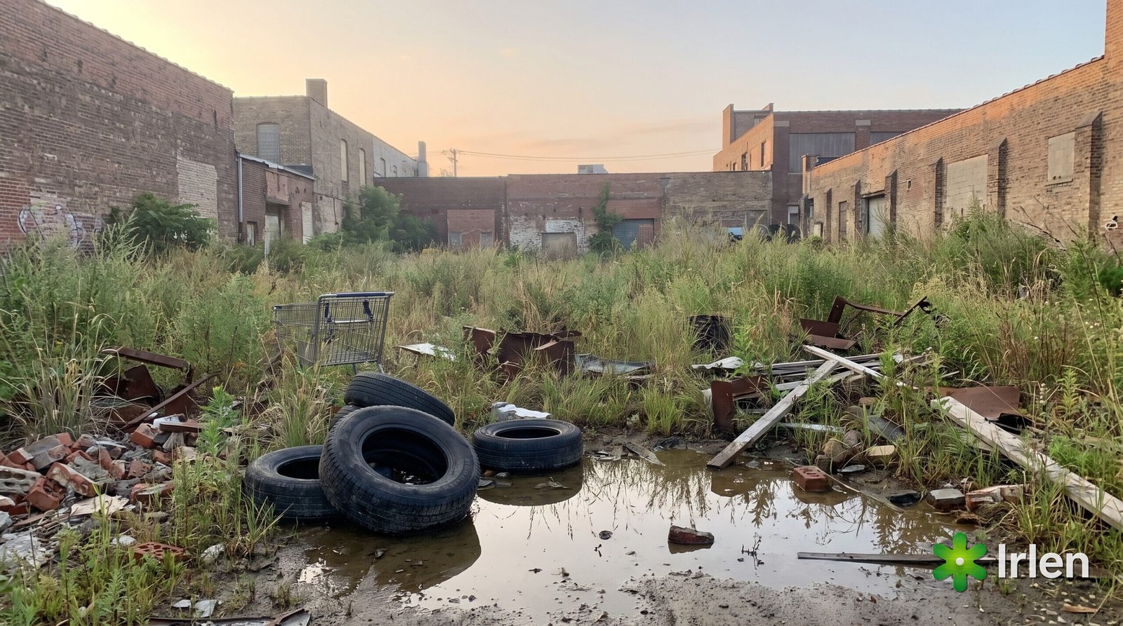 Terreno urbano abandonado com mato alto e água parada