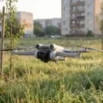 Drone pairando baixo sobre um terreno urbano com mato alto