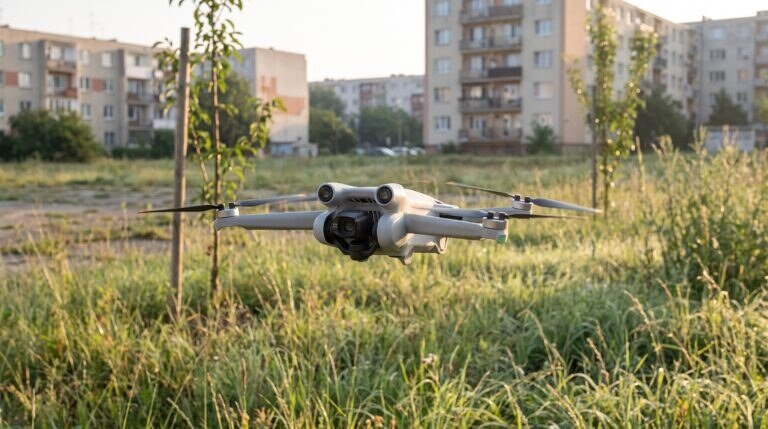 Drone pairando baixo sobre um terreno urbano com mato alto