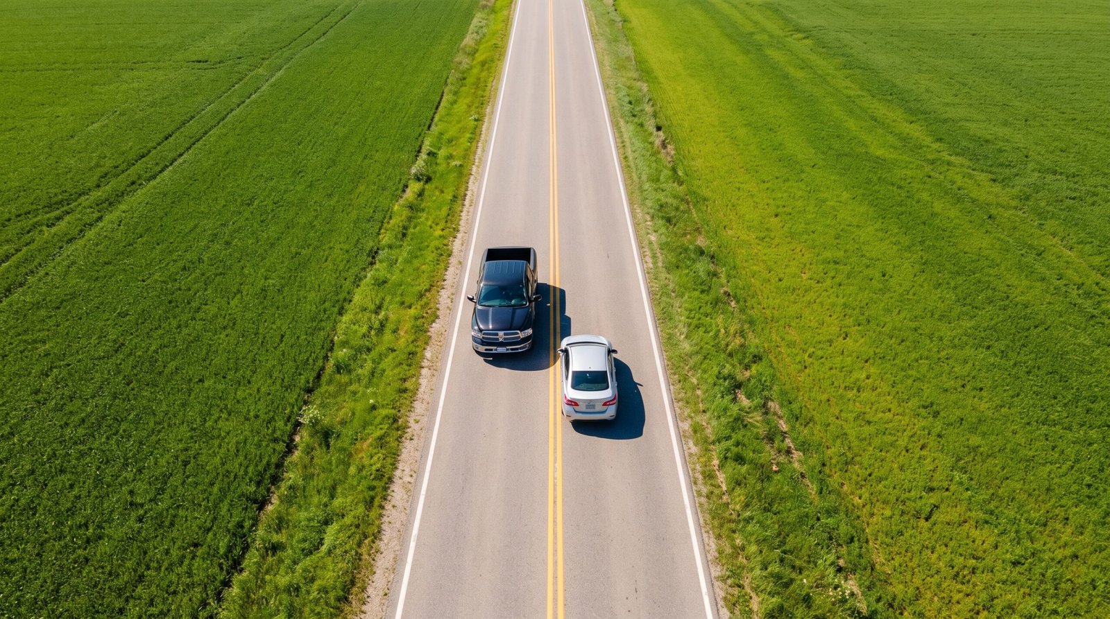 Vista aérea de rodovia de pista simples com faixa dupla contínua e dois veículos