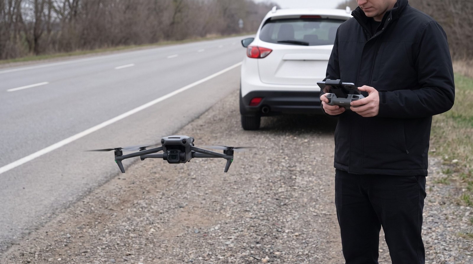 Operador no acostamento observa a tela do controle com o drone pairando ao lado