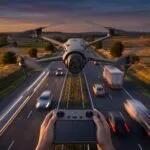 Drone paira sobre uma rodovia de pista simples ao entardecer com carros passando embaixo