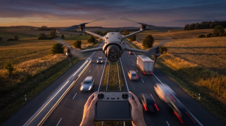 Drone paira sobre uma rodovia de pista simples ao entardecer com carros passando embaixo