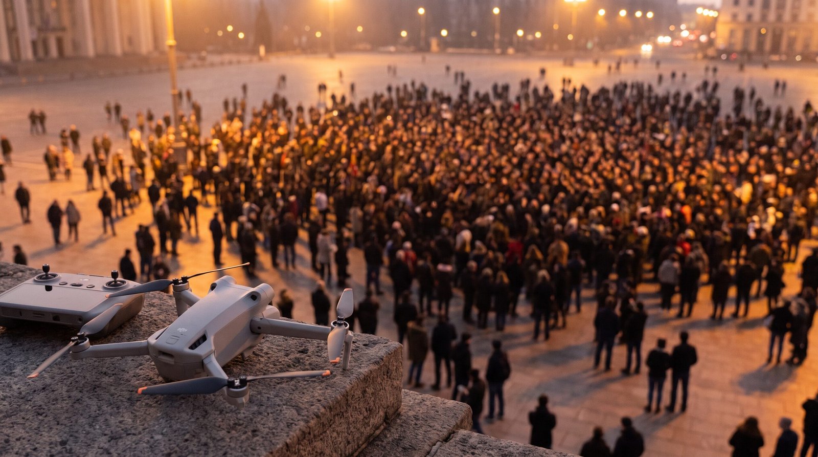 Drone em primeiro plano à esquerda e uma multidão distante numa praça ao entardecer