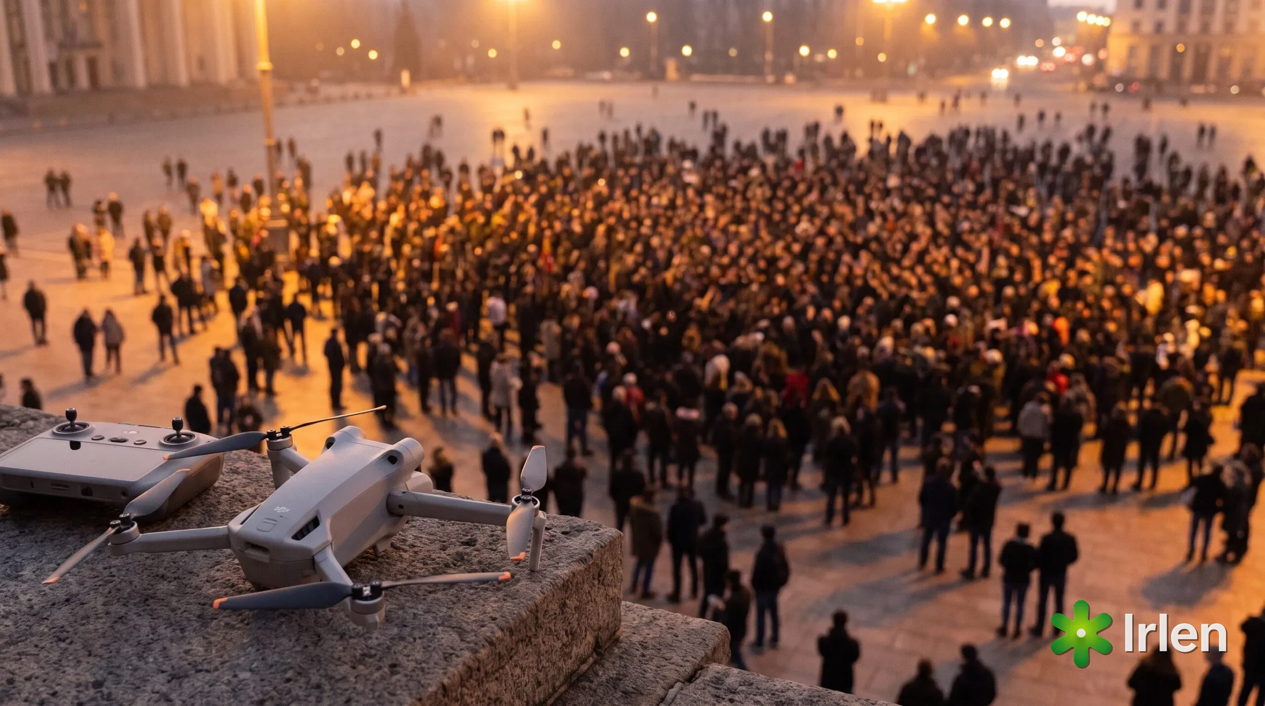 Drone em primeiro plano à esquerda e uma multidão distante numa praça ao entardecer