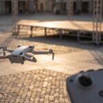 Drone cinza sobre uma praça vazia com um palco sendo montado ao fundo