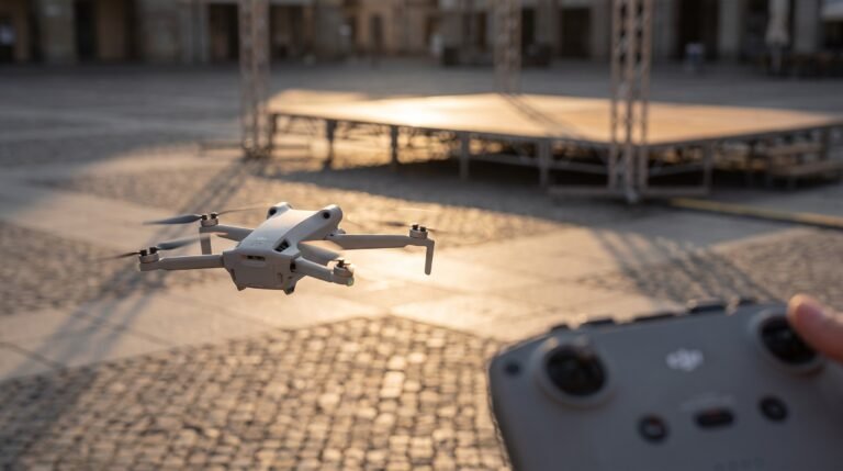 Drone cinza sobre uma praça vazia com um palco sendo montado ao fundo