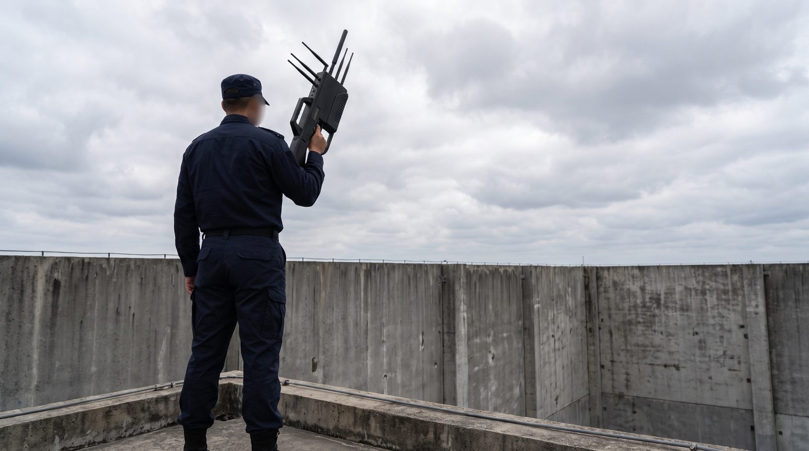 Agente de costas aponta um equipamento antidrone para o céu de um posto elevado