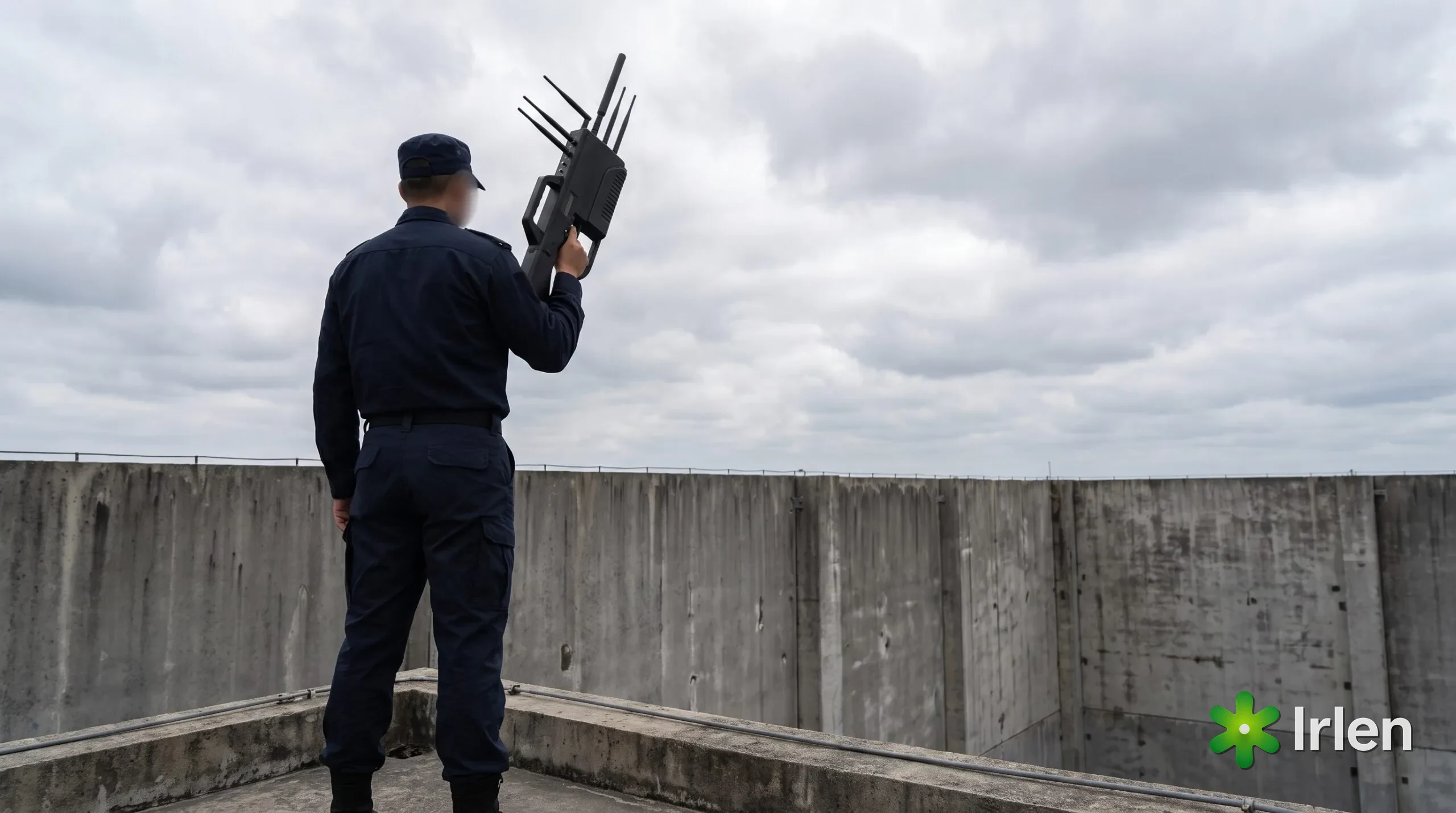 Agente de costas aponta um equipamento antidrone para o céu de um posto elevado