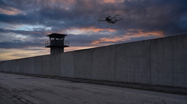 Drone paira alto sobre o muro de concreto de uma unidade prisional ao entardecer
