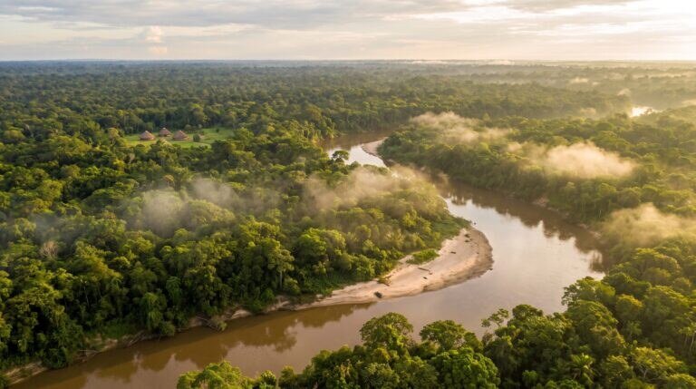 Vista aérea de floresta e rio com aldeia ao longe