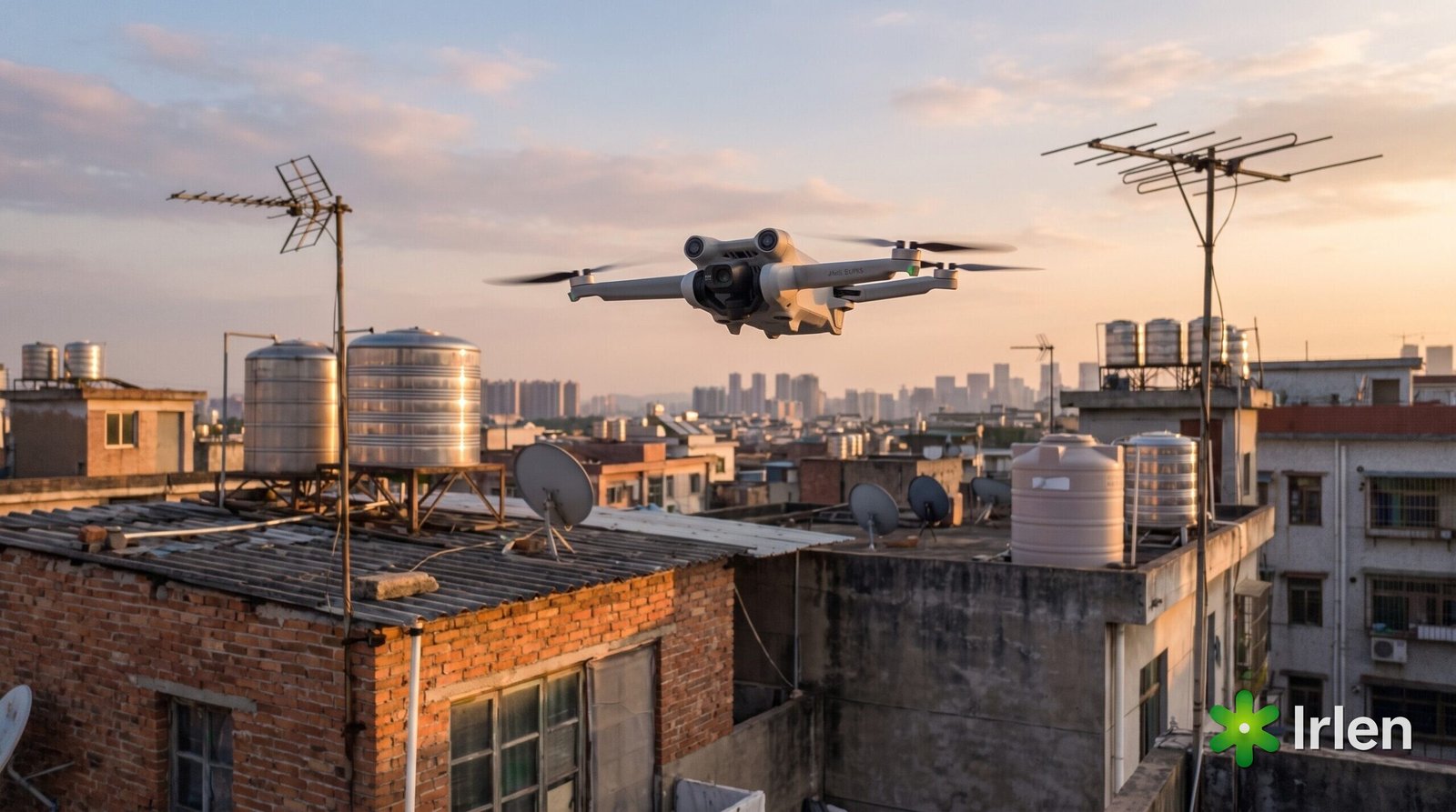 Drone sobrevoando telhados residenciais com caixas d'água
