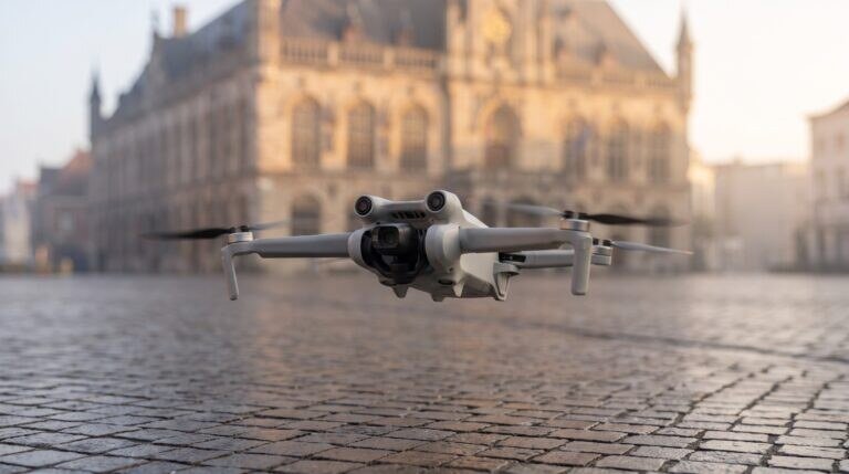 Drone decolando de uma praça municipal com prédio público ao fundo