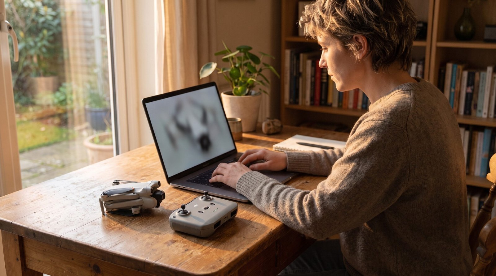 Piloto no notebook com o drone dobrado ao lado, na mesa de casa