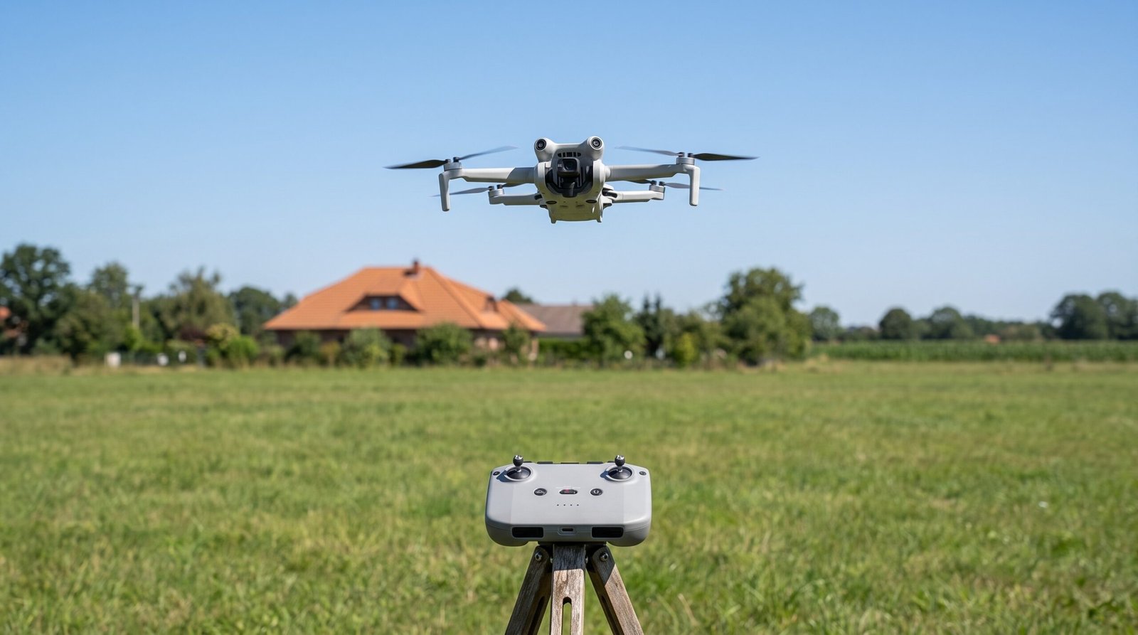Drone pairando sobre um campo aberto com o telhado de uma casa ao fundo