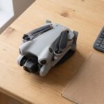 Drone dobrado, calculadora e caderno fechado sobre a mesa de madeira