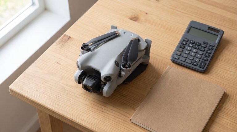 Drone dobrado, calculadora e caderno fechado sobre a mesa de madeira