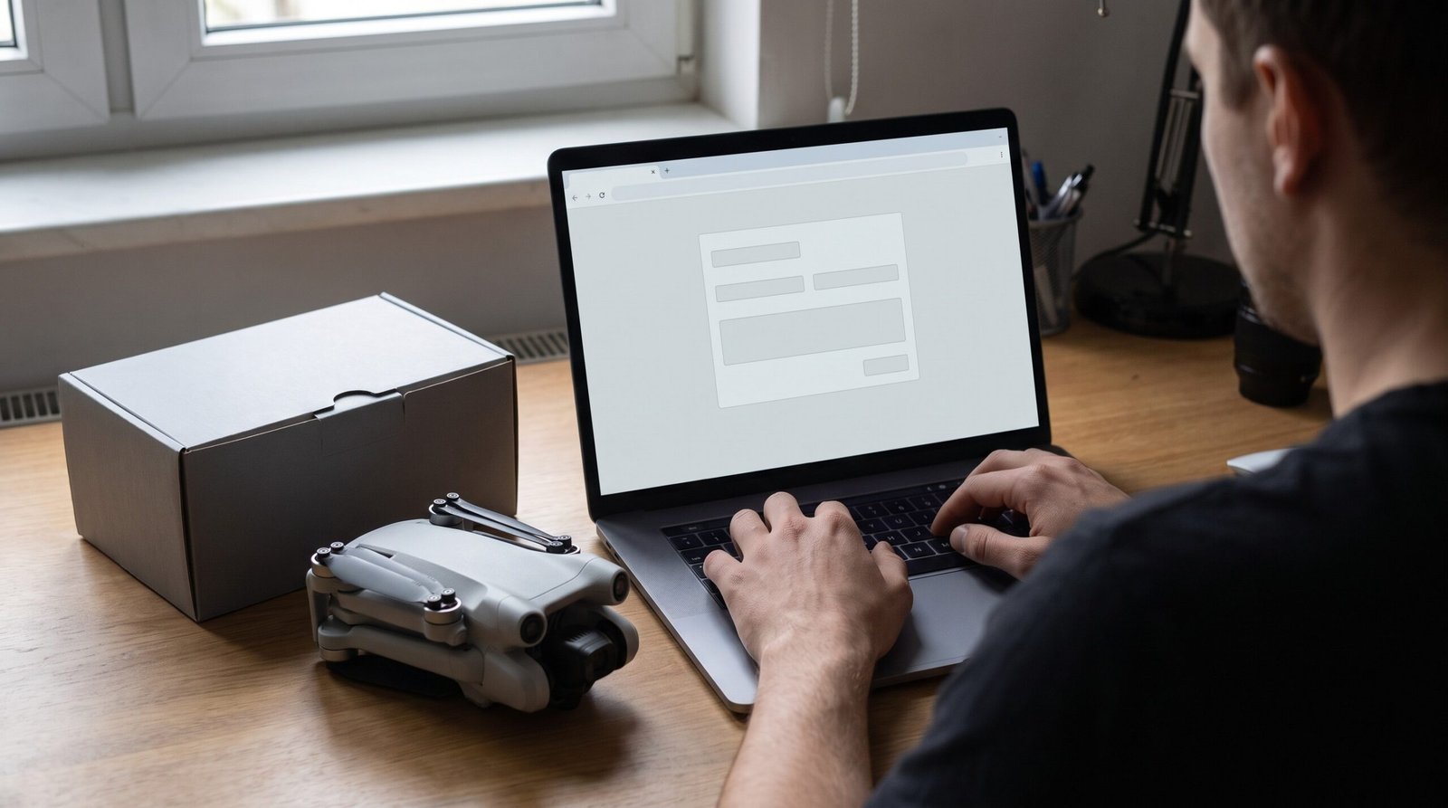 Pessoa preenche um formulário no notebook com o drone dobrado ao lado