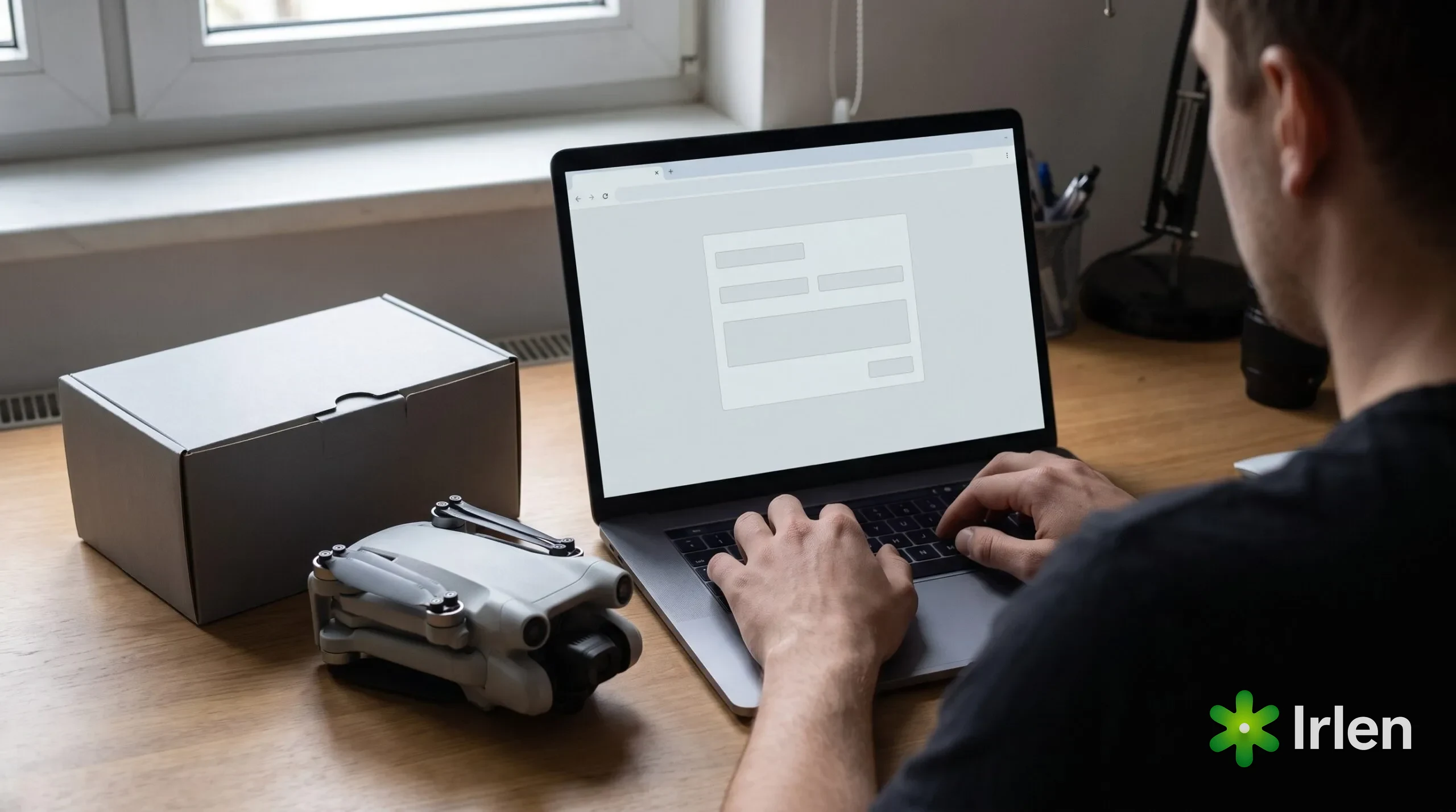 Pessoa preenche um formulário no notebook com o drone dobrado ao lado