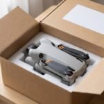 Caixa de encomenda aberta com um drone dobrado dentro, sobre a mesa